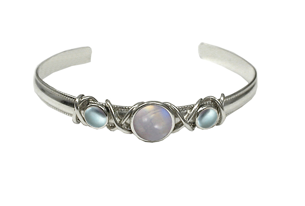 Sterling Silver Hand Made Cuff Bracelet With Rainbow Moonstone And Blue Topaz